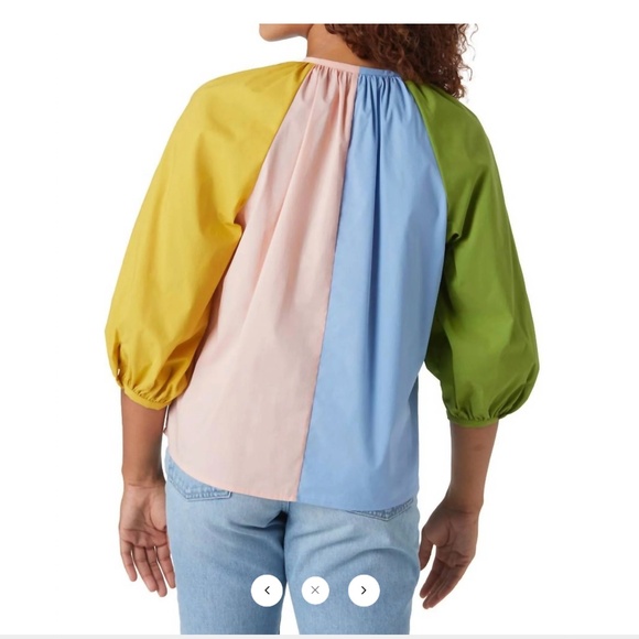 NEW CROSBY by Mollie Burch 3/4 Balloon Sleeve Split V-Neck Colorblock Top Size S - Picture 4 of 7